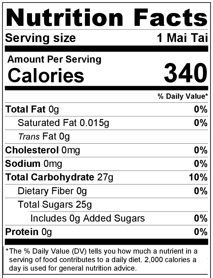 Mai Tai nutrition label